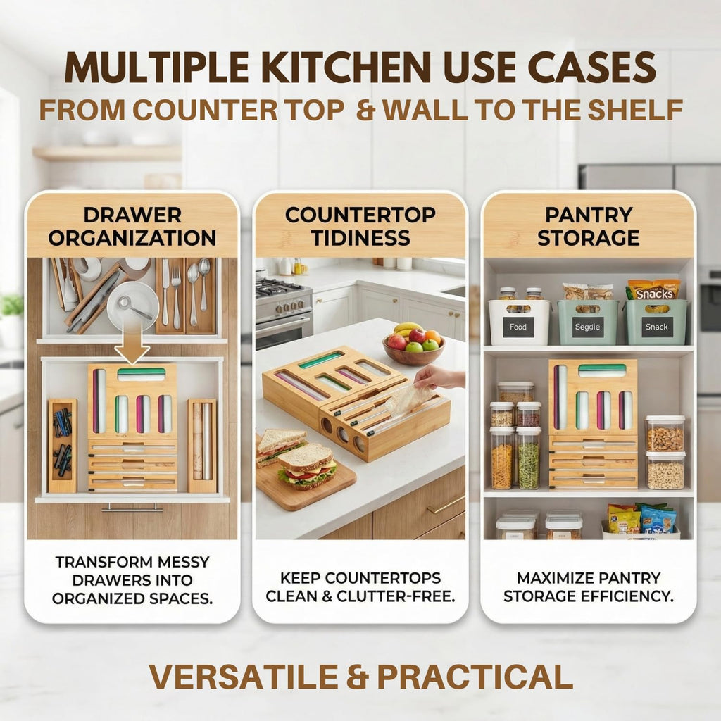 9 in 1 Bamboo Kitchen Drawer Organizer for Storage Bags, Foil & Plastic Wrap Holder with Built-In Cutter, Fits