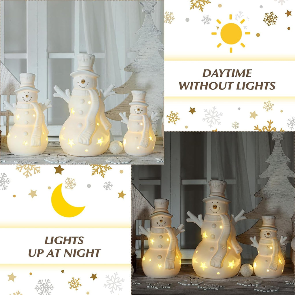 3 Pcs Light up White Ceramic Snowman Decor LED Lighted Porcelain Snowman Figurines Tabletop Battery Operated