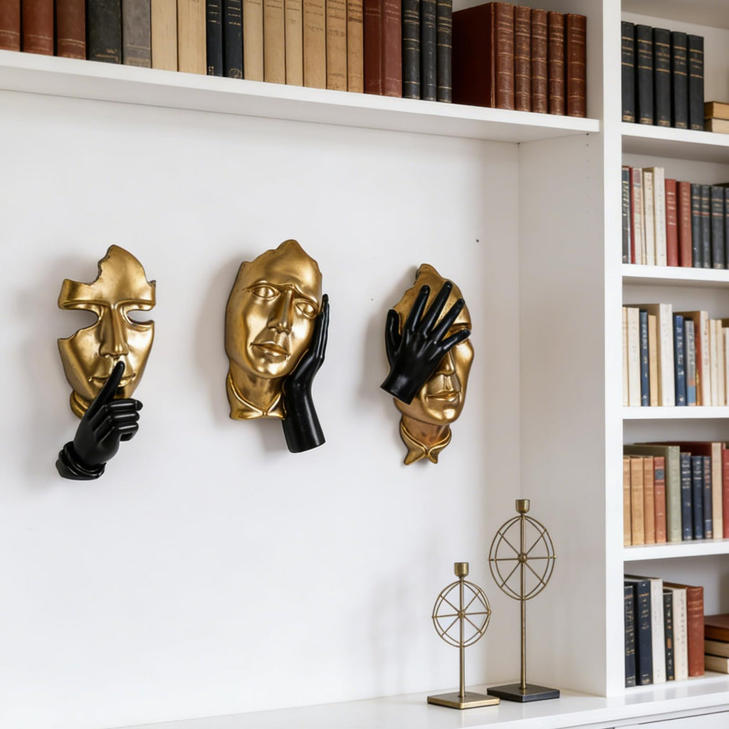Face Wall Sculptures Set of 3, Modern 3D Abstract Wall Art, Black and Gold