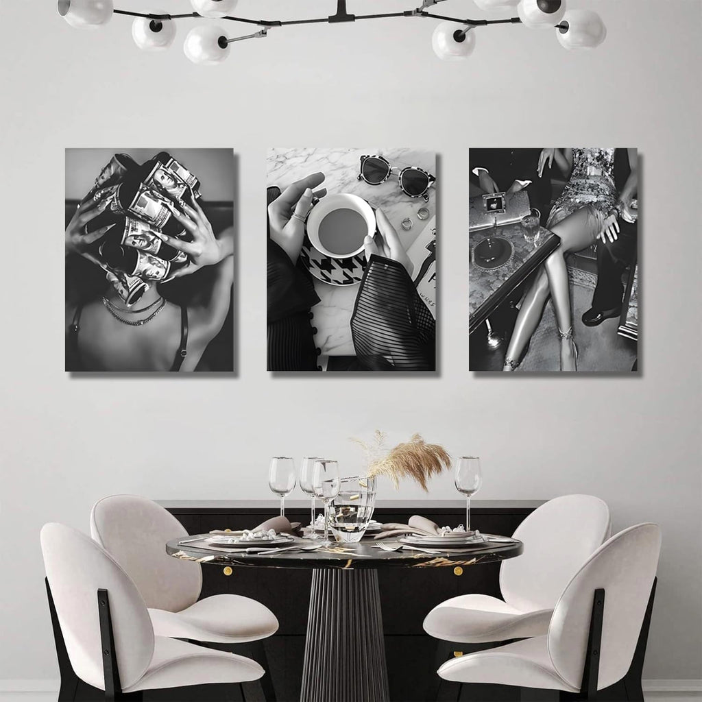 Trendy Black and White Wall Art Luxury Money Hair Rollers Girl Posters Prints Retro Bold Feminine Fashion Artwork