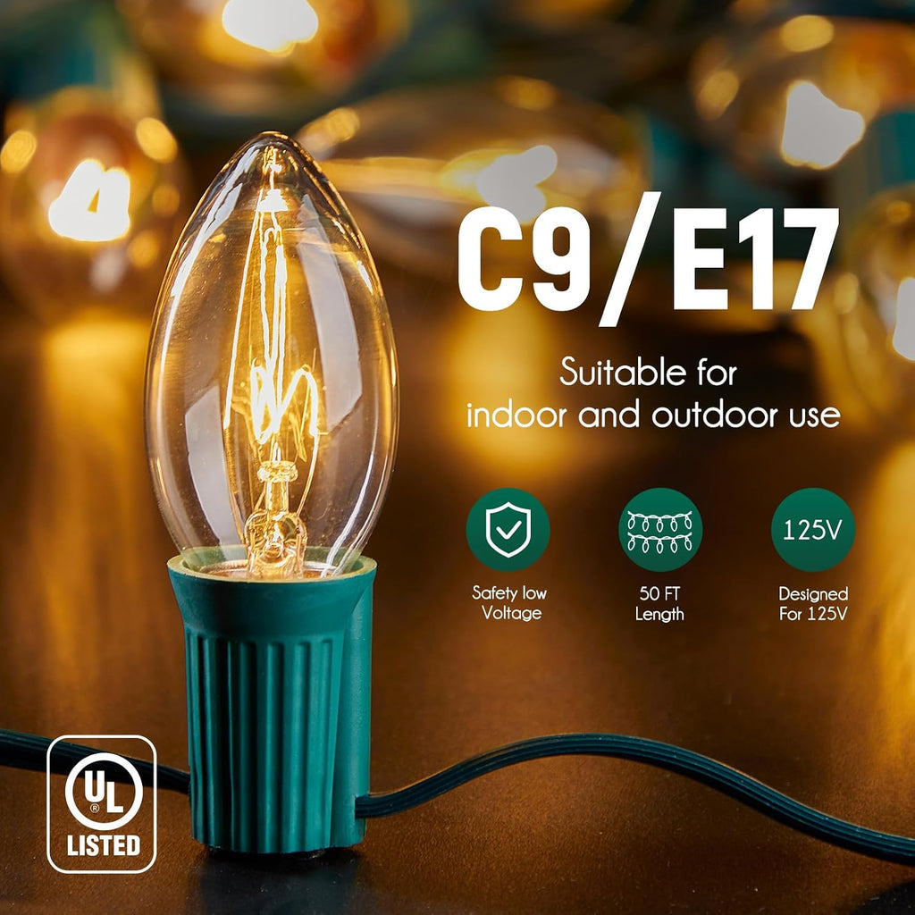C9 Light Strand, 50FT Christmas Green Wire with 50 E17 Sockets
