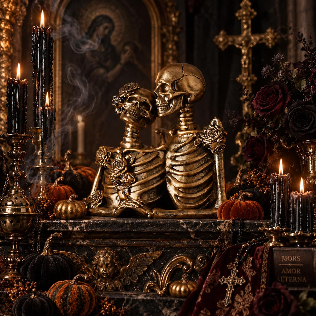 Skull Decor Halloween Decoration: Skeleton Couple Figurines Resin Gothic Statues Vintage Home Decor for Shelf Table