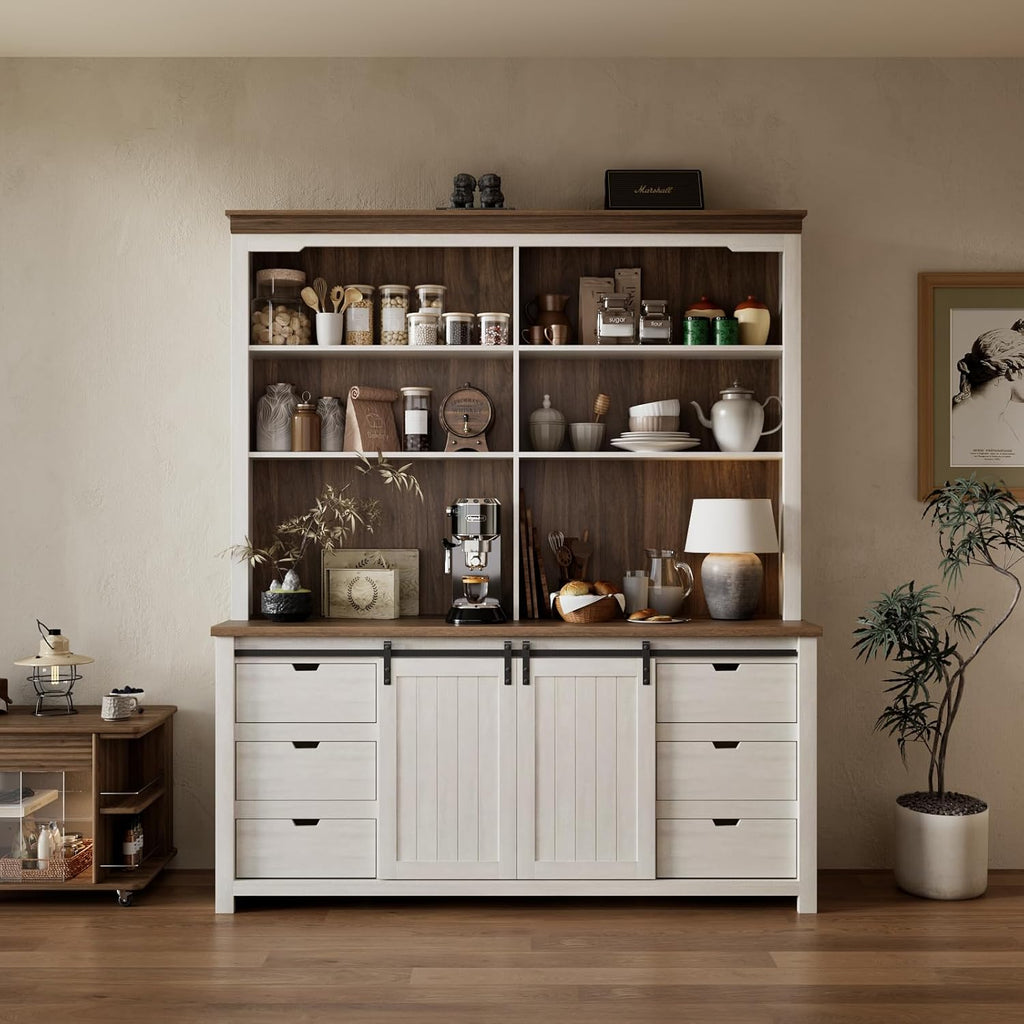 78 * 67" Large Farmhouse Pantry Cabinet with Countertop, Buffet Cabinet,Tall Kitchen Hutch with Partitions and 6