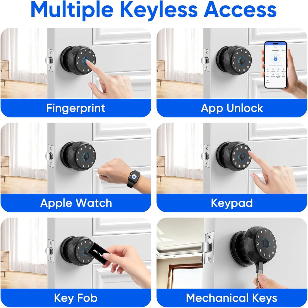 Smart Door Knob Fingerprint Door Lock with Keypad,6 in 1 to Unlock