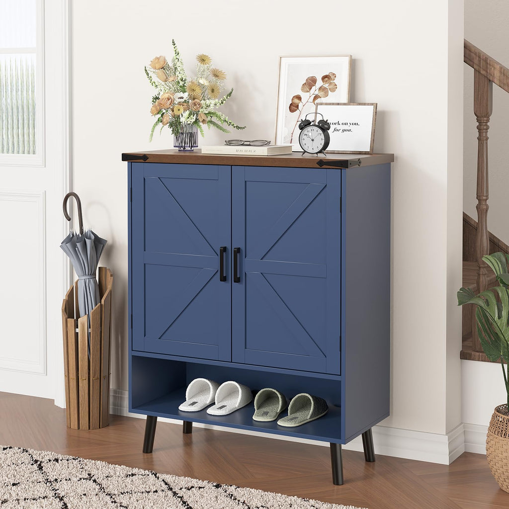34" Tall Farmhouse Shoe Storage Cabinet with Barn Doors, Navy Blue