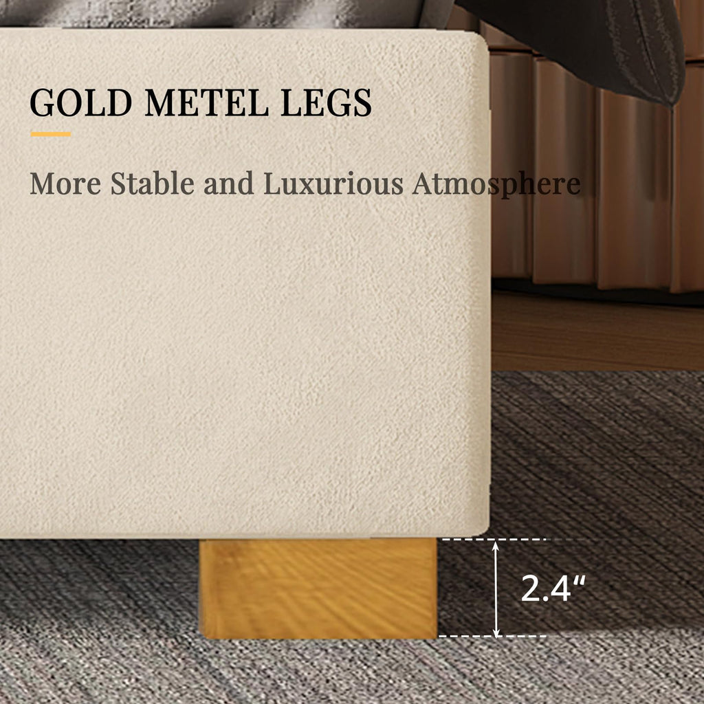 King Size Platform Bed Frame, 61.4" Velvet Upholstered Bed with Gold Trim Headboard/Wooden Slats/No Box Spring