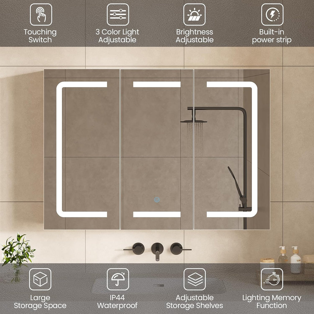 Medicine Cabinet Organizer with Mirror, Lighted Bathroom Medicine Cabinet with Storage, 3 Doors Bathroom Wall Cabinet