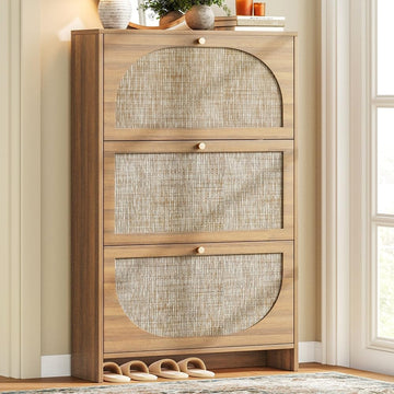 Shoe Storage Cabinet, Modern Walnut Shoe Cabinet with Tiered Fluted Design, 9.5" Slim Shoe Rack for Small Spaces