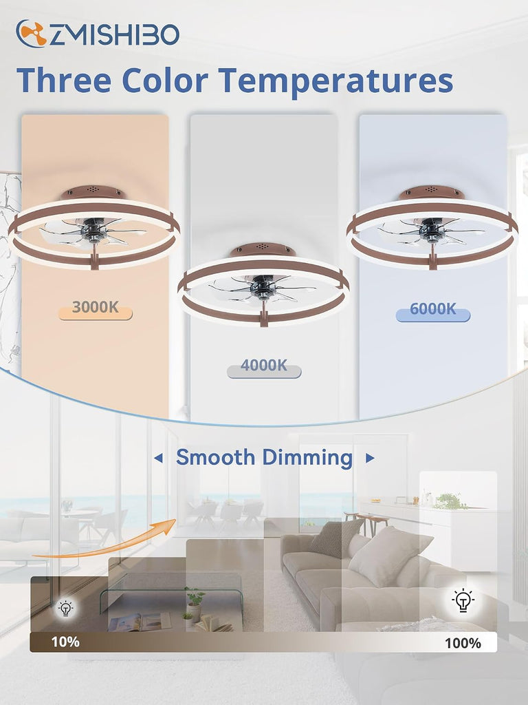 Ceiling Fans with Lights and Remote, 19.7'' Low Profile Ceiling Fan, 3000-6000K Dimmable Modern Flush Mount LED Fan Light, 6 Wind Speeds, Brown Fandelier Ceiling Fans for Bedroom A101-B0F1CCS35J