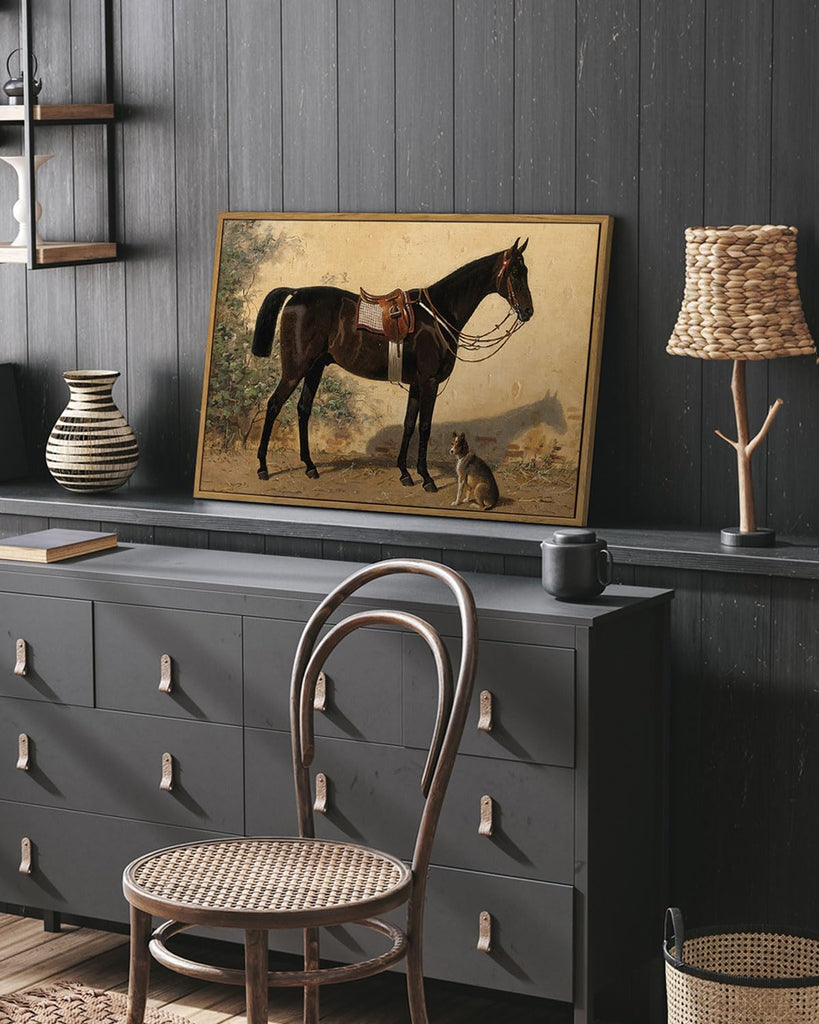 Framed Canvas Horse Wall Art, Classical Horse and Dog Art Print Decor, Large Rustic Farmhouse Country Wall Decor