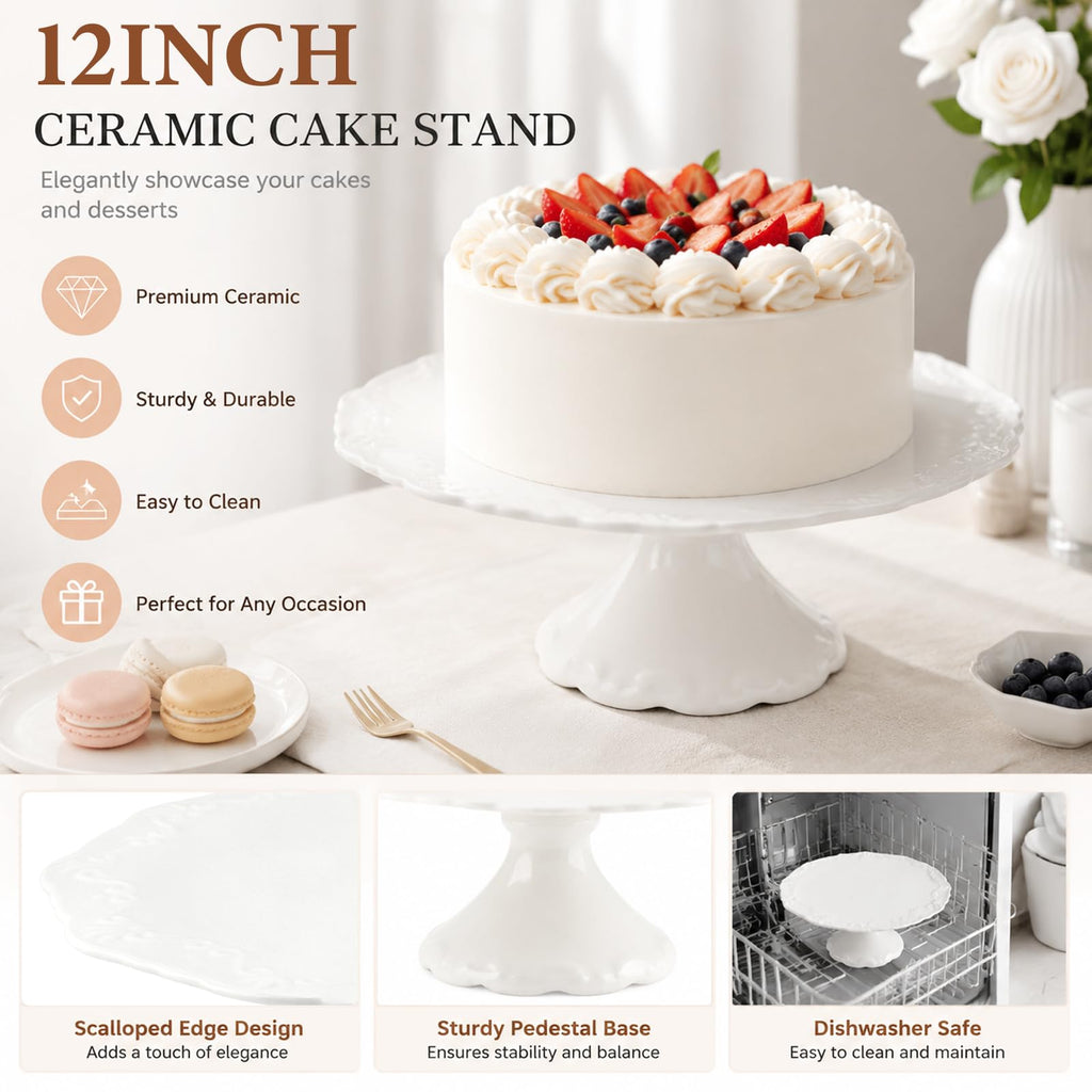12 Inch Ceramic Cake Stand, White Pedestal Dessert Plate for 10 Inch Cakes