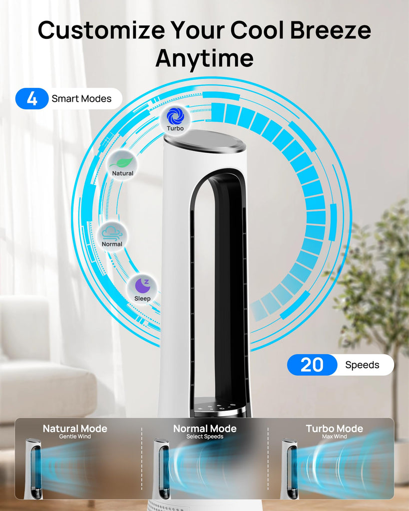 38" Bladeless Tower Fan, 120° Oscillation Quiet Standing Fans, 20 Speeds & 4 Modes, Ambient Light, Remote Control