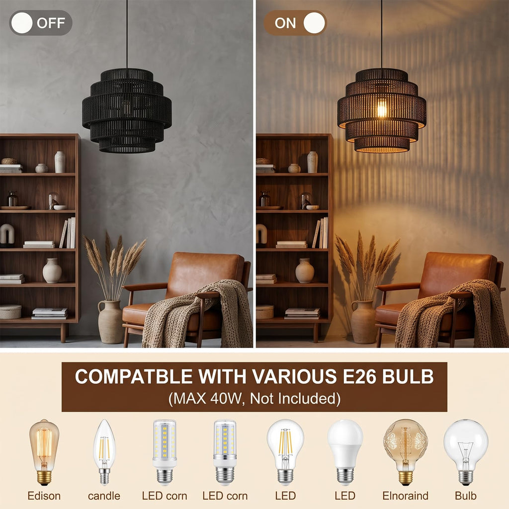 5-Tier Boho Rattan Chandelier Light Fixture, 13" Black Pendant Light with Hand Woven Hemp Rope Lampshade, Small