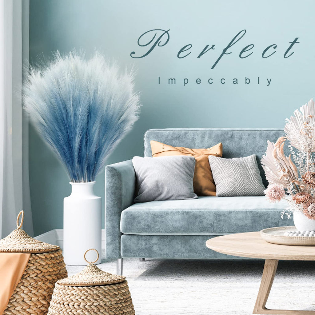 8Pcs 3FT Blue Colorful Faux Pampas Grass, Artificial Bulrush