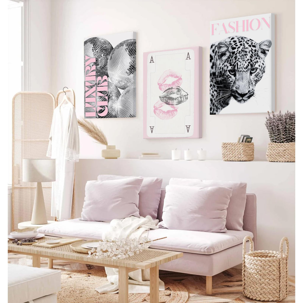 Pink Leopard Trendy Wall Art Cheetah Black White Canvas Wall Decor Fashion Preppy Posters Aesthetic Disco Ball