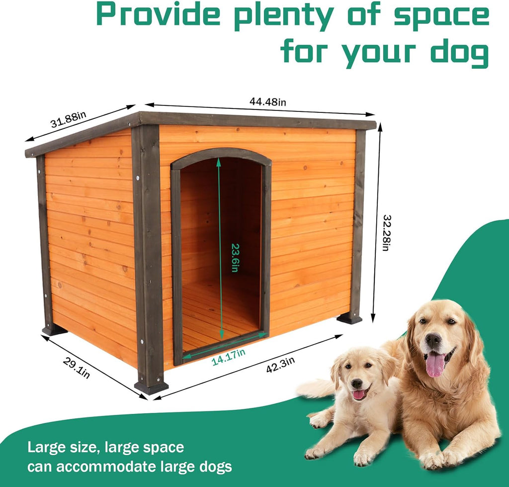 45" Wooden Dog House for Large Dogs, Weatherproof Outdoor Dog Kennel with Elevated Waterproof Feet, Solid Wood Pet