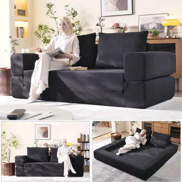 79'' Convertible Sleeper Sofa Bed, 3-in-1 Foldable Floor Couch with Corduroy Upholstery, No Assembly Loveseat, Light