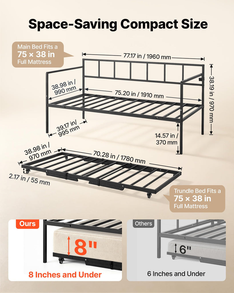 Twin Daybed with Pop Up Trundle Metal Charging Station LED Light, Bedroom Guest Room, Heavy Duty Twin Size Sofa Day