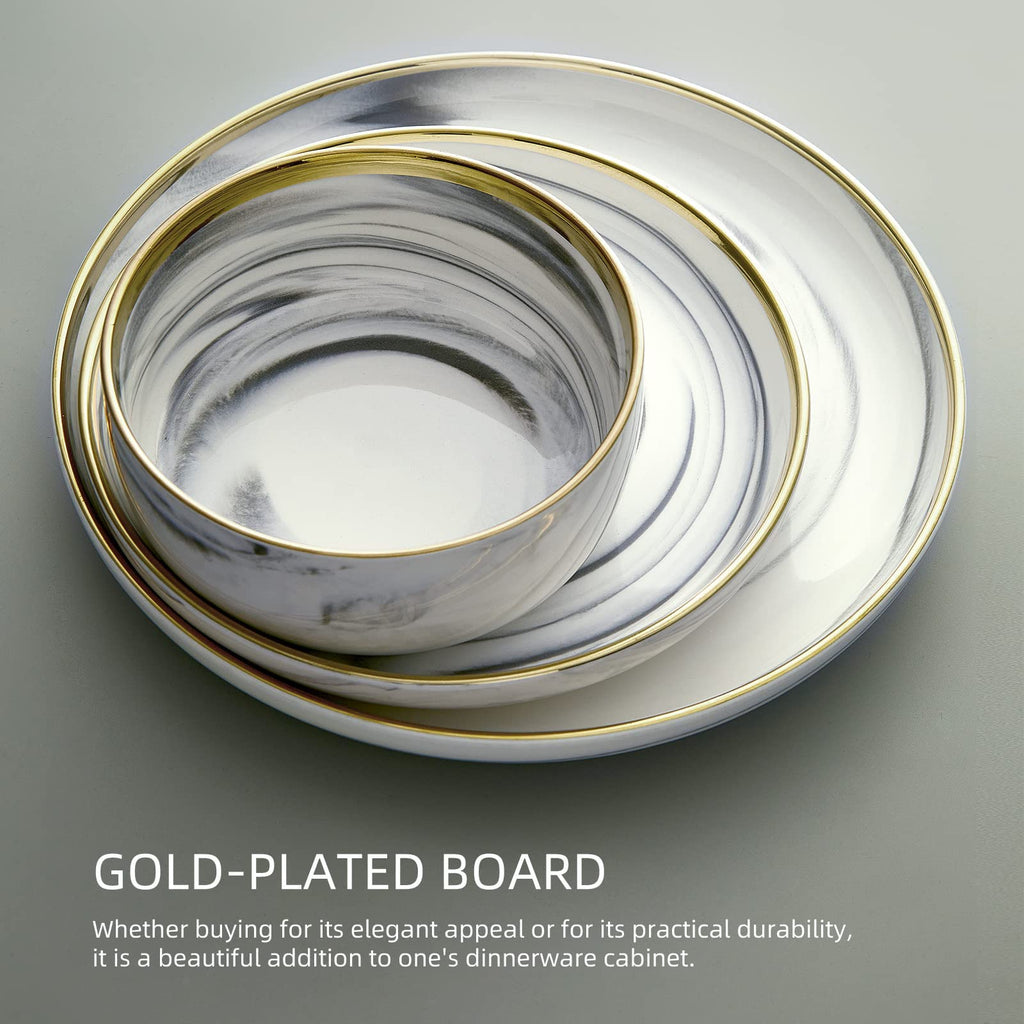 Marble Gold Rim Dinnerware Sets, Porcelain Plates and Bowls Sets