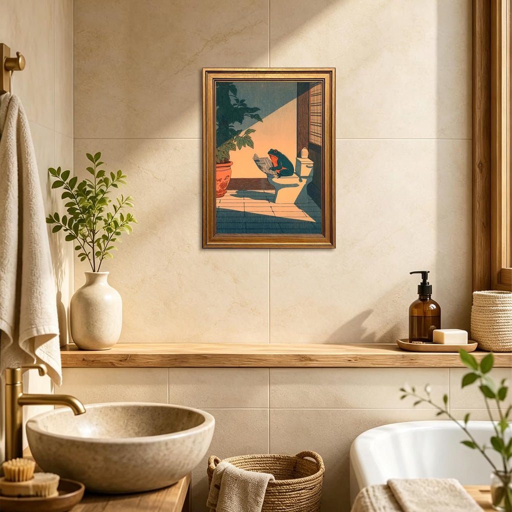 Vintage Gold Framed Bathroom Wall Art, Funny Japanese Frog Reading Newspaper on Toilet Pictures Wall Decor, Whimsical