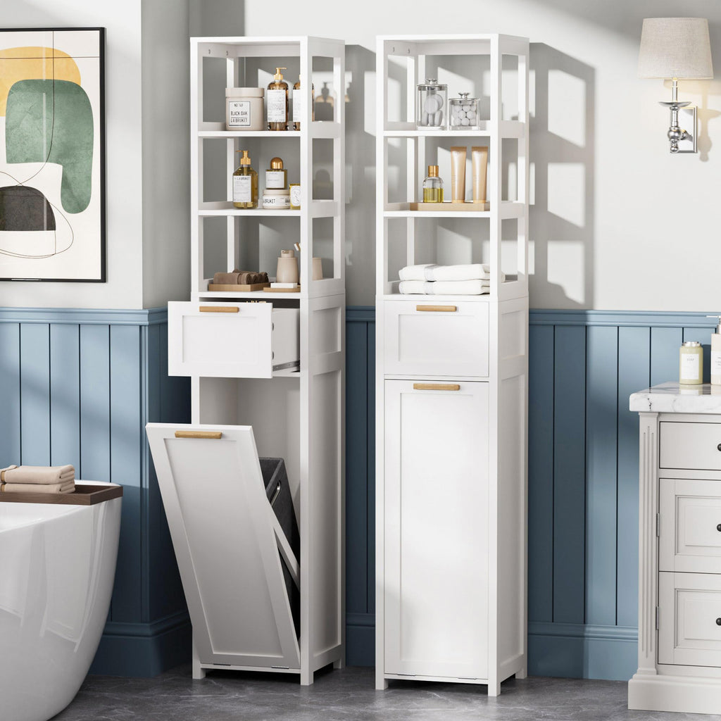 66'' Tall Tilt Out Laundry Hamper Cabinet, Hidden Laundry Hamper with Removable Storage Basket, Open Shelf and