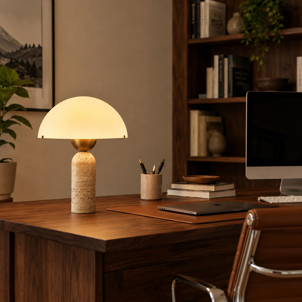 Natural Travertine Table Lamp, 14.5 in Dome Mushroom Nightstand Light