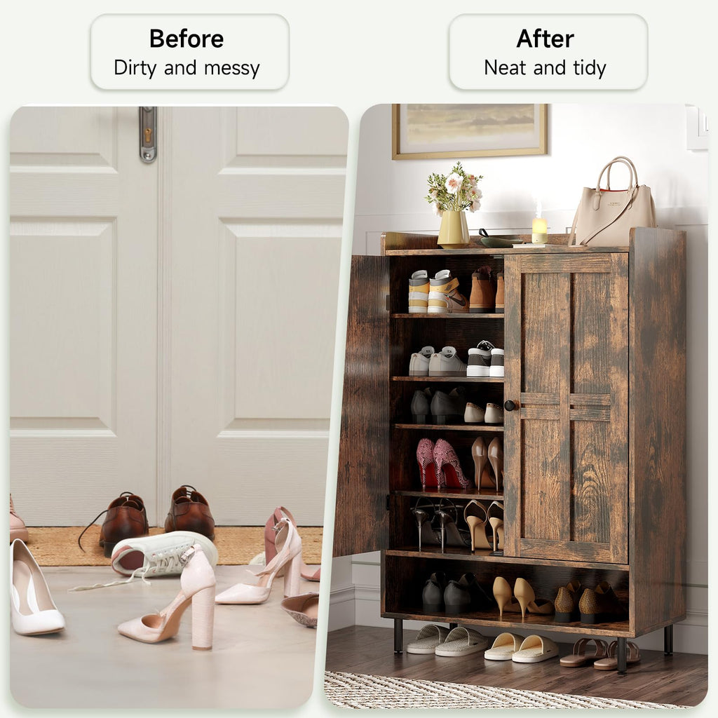 Shoe Cabinet with Cross Molding Doors, 6-Tier Storage(Rustic Brown)
