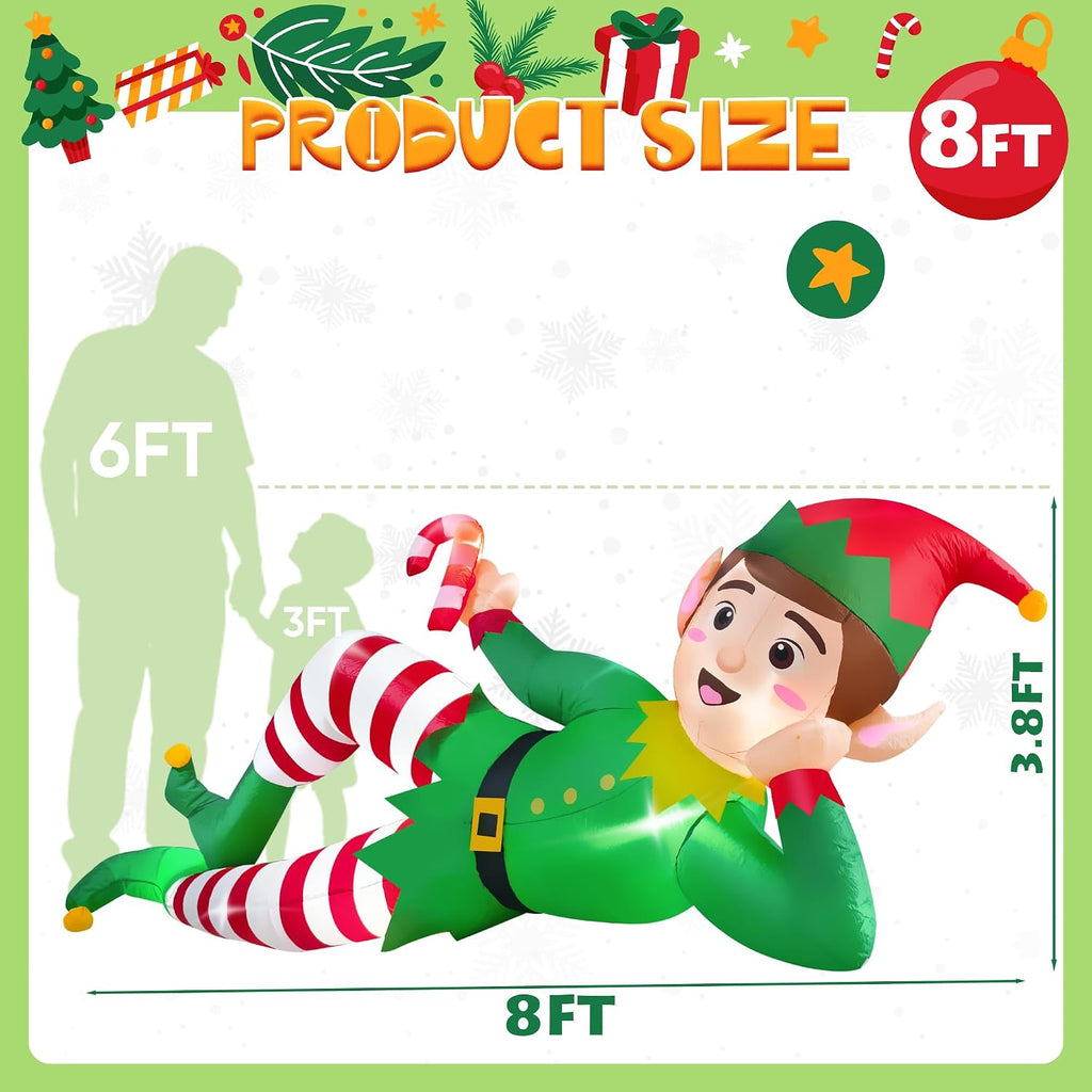 8 FT Christmas Inflatable Outdoor Decoration, Lying Elf Christmas Blow up Yard Decorations with LED Lights, Elf