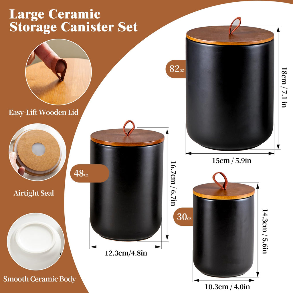 Black Ceramic Canister & Jar Set, Airtight Bamboo Lids 3-Piece