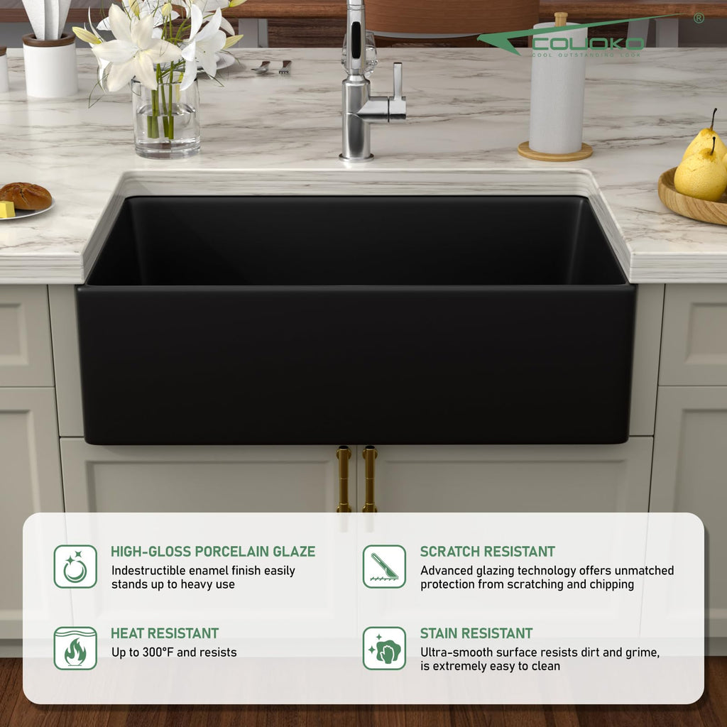 Black Fireclay Farmhouse Sink - 33 Inch Matte Black Apron Front Farm Sink Porcelain Farms House Style Single Bowl