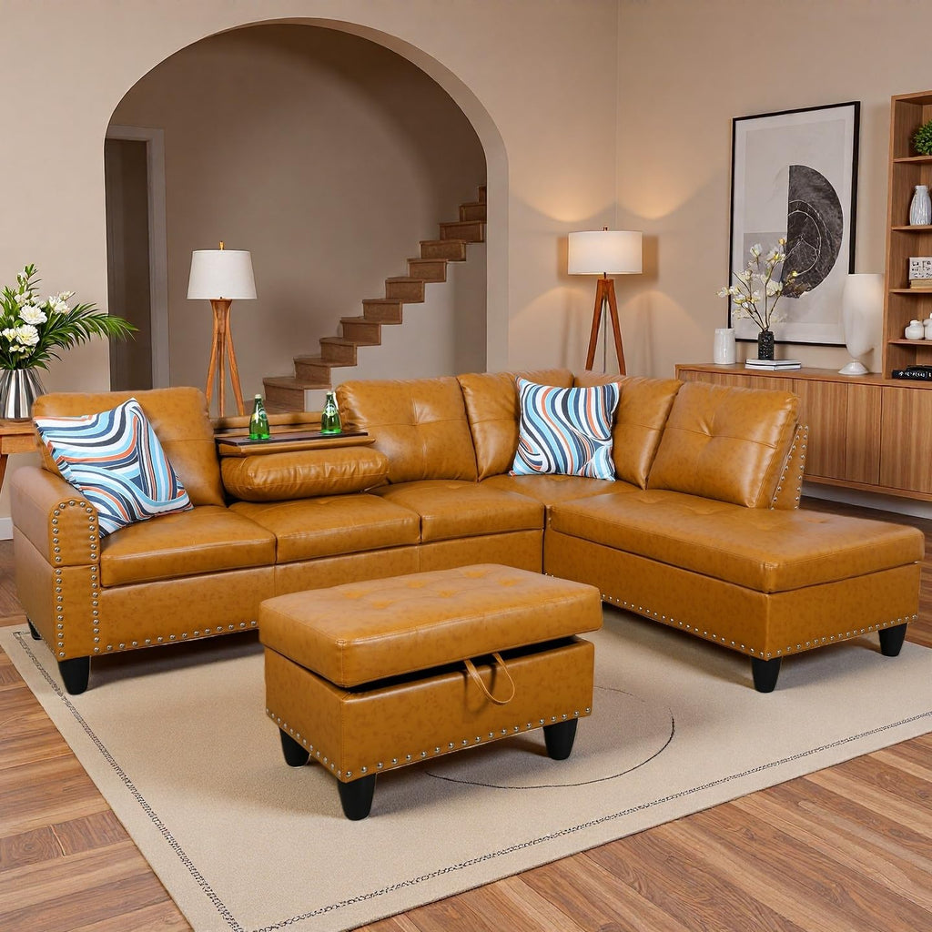 Leather L-Shaped Couch Set, 97.5"L x 69.5"W Sectional Sofas Ginger