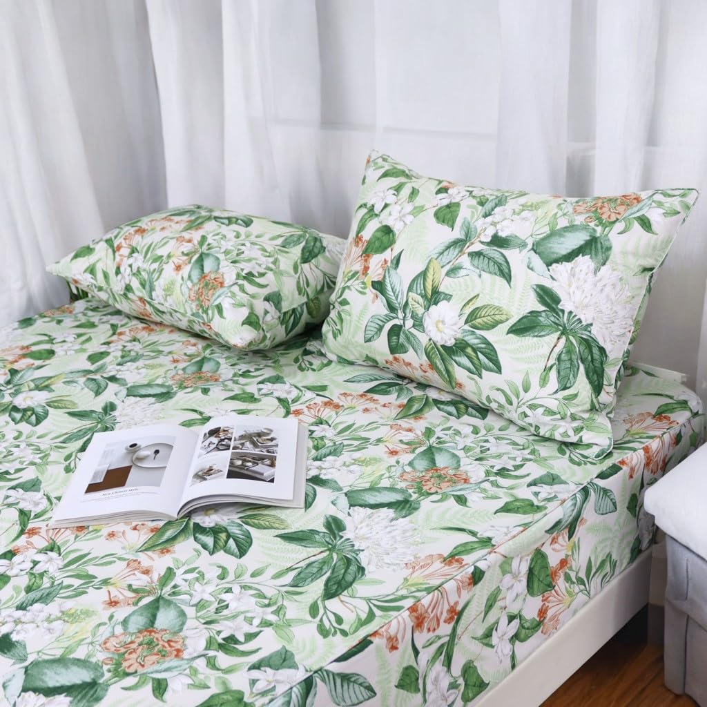 Green Floral Sheet Set Cal King, 100% Cotton Pink Flower Printed Sheets College Sheets Botanical Shabby White Floral