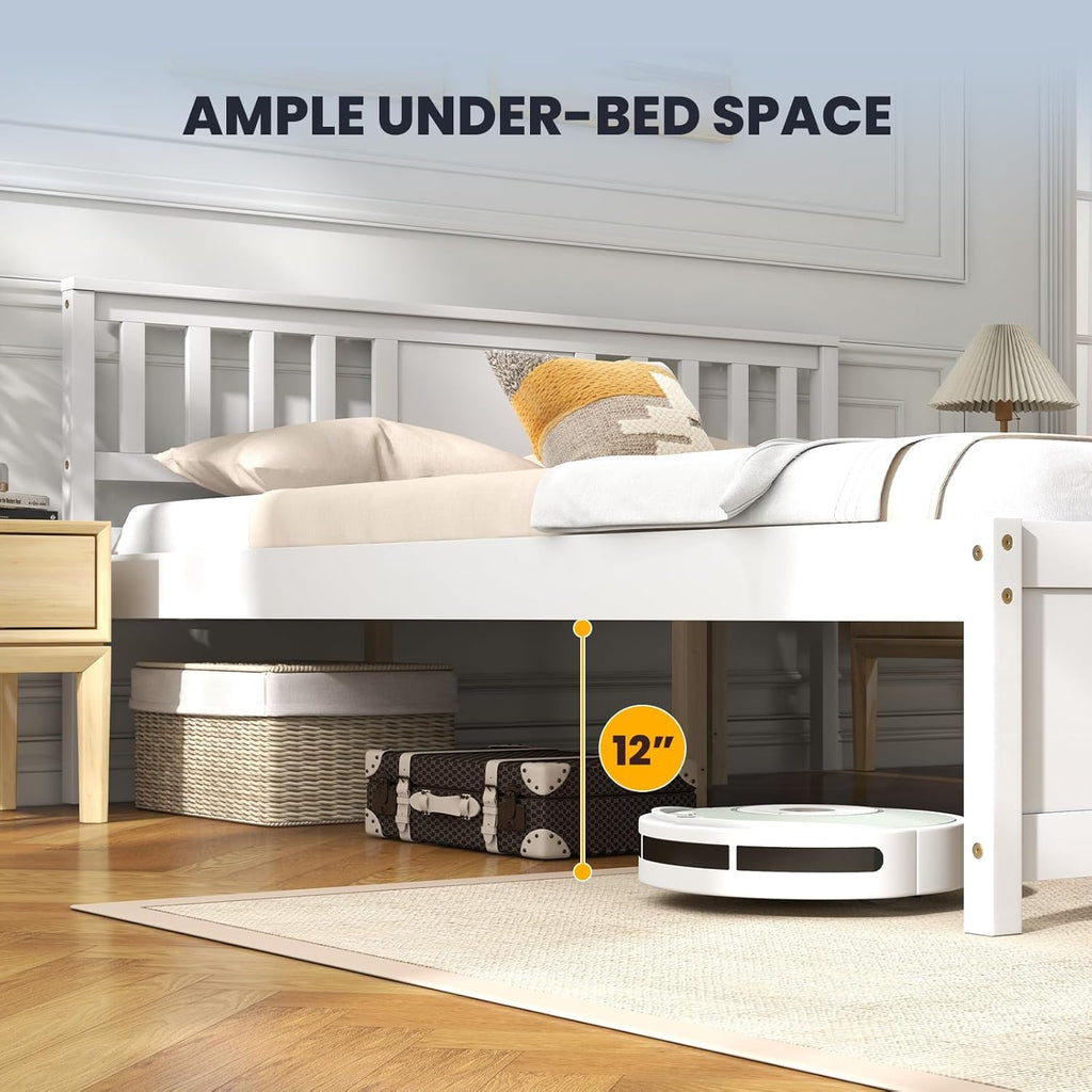 Queen Solid Wood Platform Bed Frame, Mid Century Queen Bed Frame with Headboard, Wooden Slat Support, Queen Panel