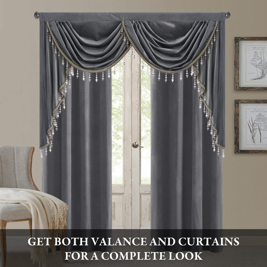 Thick Velvet Curtains Valance, Grey Waterfall Swag Valances with Beads Tassel Window Closet Office Sliding Door, W59