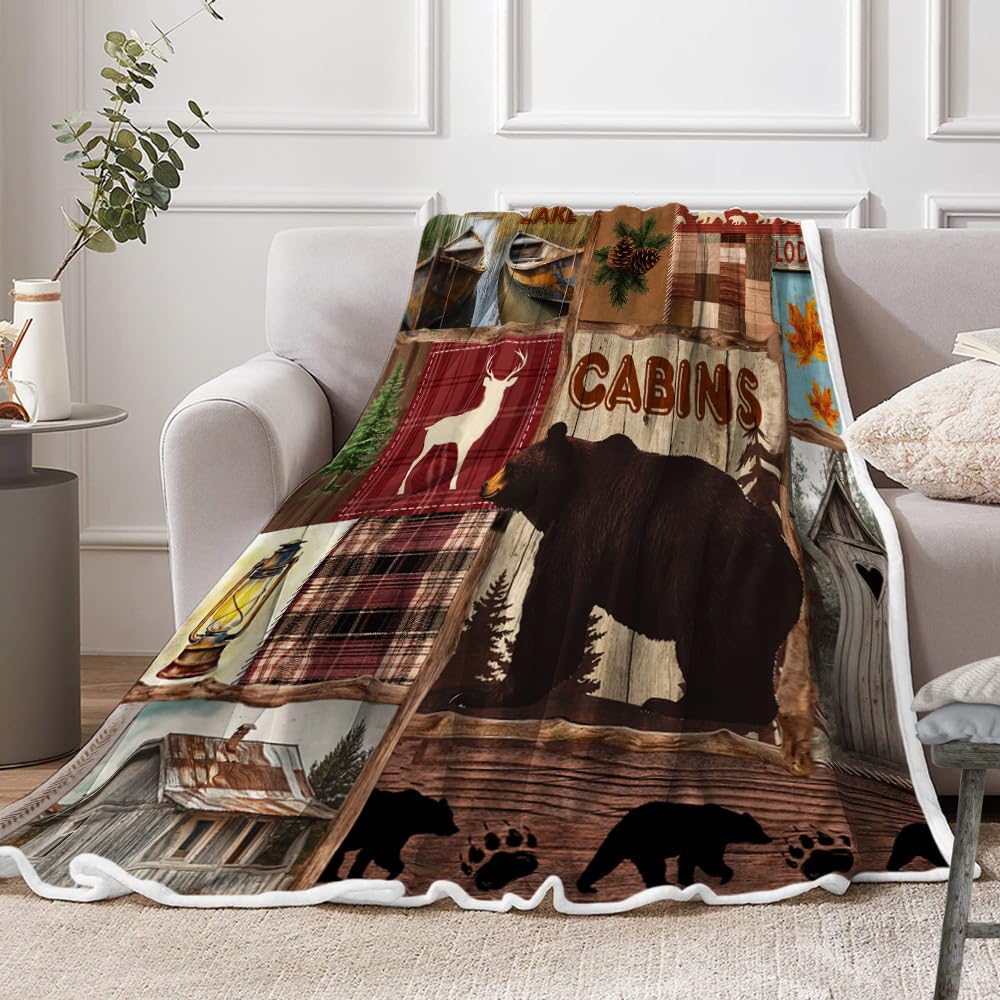 Rustic Cabin Throw Blankets, Vintage Country Antique Lodge Bear Deer Lake Maple Flannel Cozy Fuzzy Plush Couch Throw