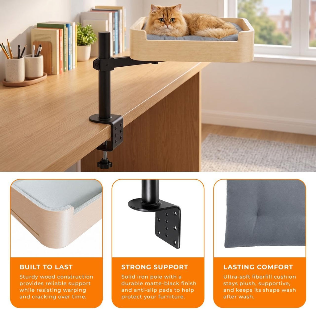 3-in-1 Cat Desk Bed, Cat Window Hammock & Elevated Floor Bed - Wooden Window Perch & Seat, American Oak Finish, 2