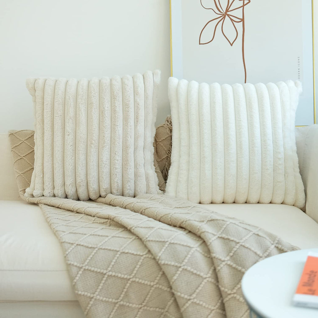 Faux Fur Plush Throw Pillow Covers, Beige, 24 x 24-Inch