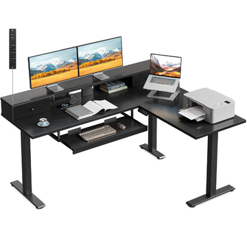 59" L Shaped Electric Standing Desk with Drawers, Black