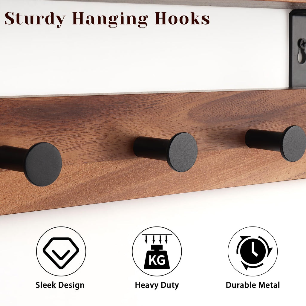 Coat Rack Wall Mount with Shelf, 17" Walnut Wood Wall Shelf with Hooks, Entryway Floating Shelves with 5 Metal