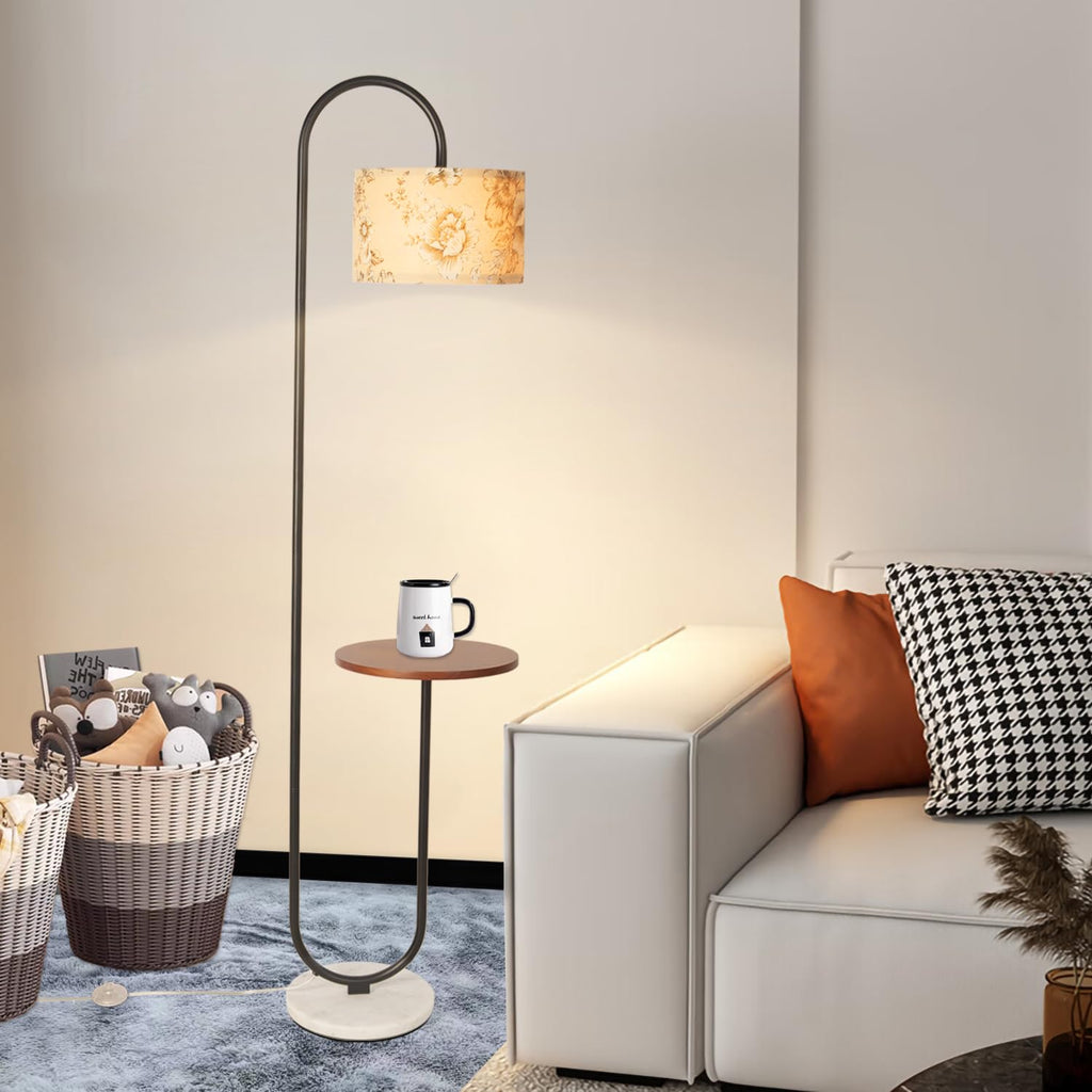 Arc Floor Lamp with Hanging Drum Shade -Marble Base Modern Tall Stand Up Light with Table, Contemporary Over The