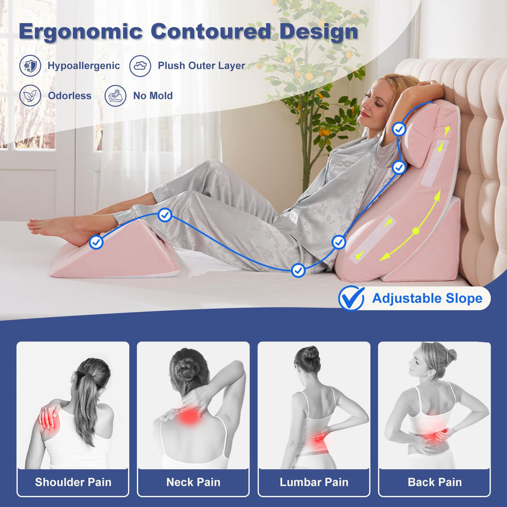 4PCS Orthopedic Bed Wedge Pillow Set for Post Surgery Recovery - Adjustable Memory Foam Support Pillows for