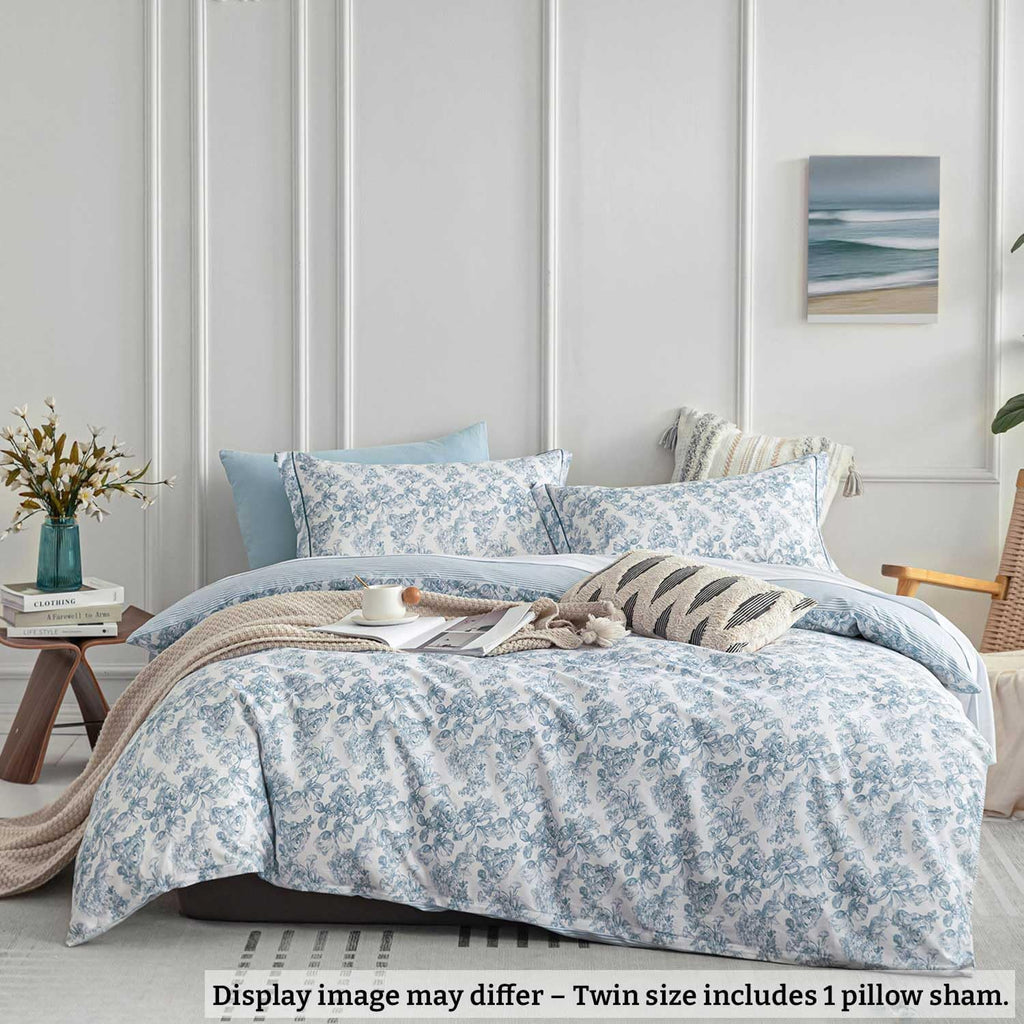Vintage 100% Cotton Duvet Cover Queen 3PC - Elegant Pale Slate Blue Floral Pattern on White with Light Blue & White - Set of 3