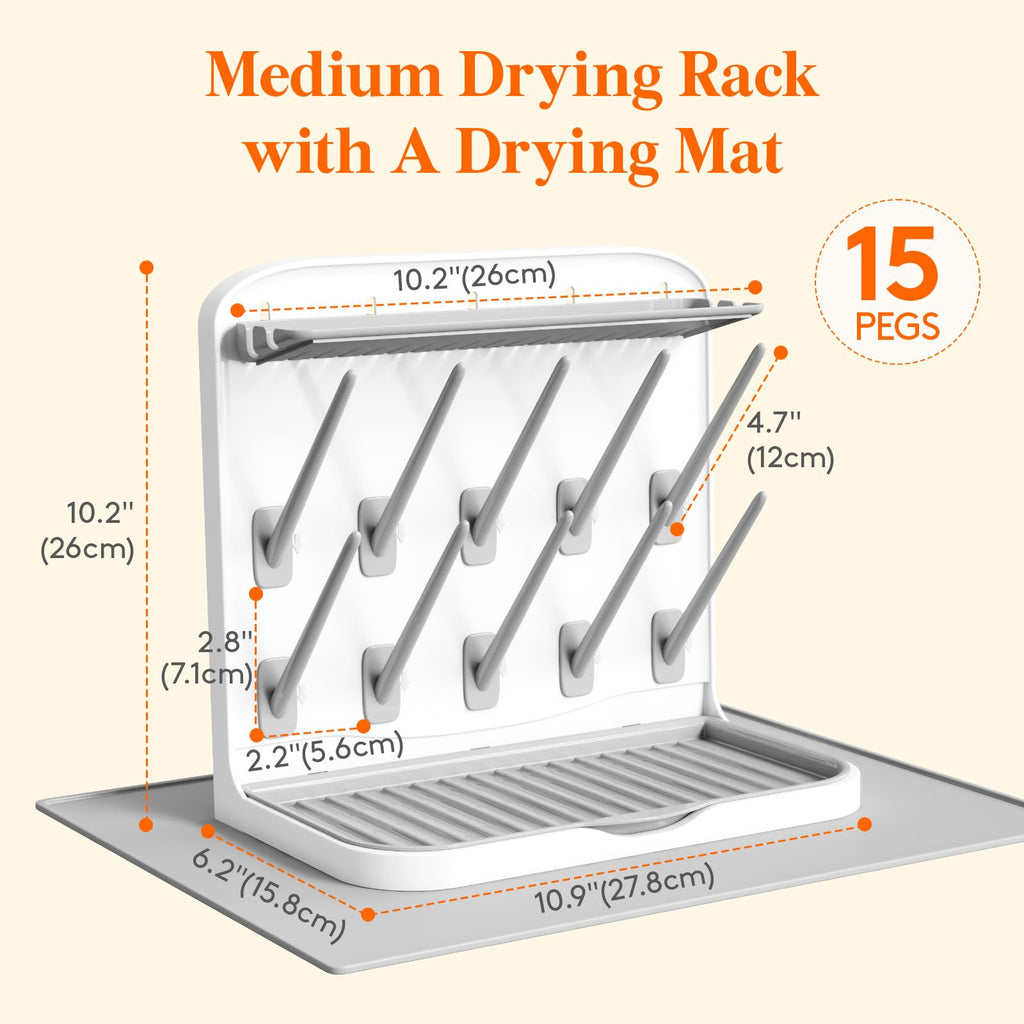 10-Hooks Baby Bottle Drying Rack with Drain Mat for Countertop