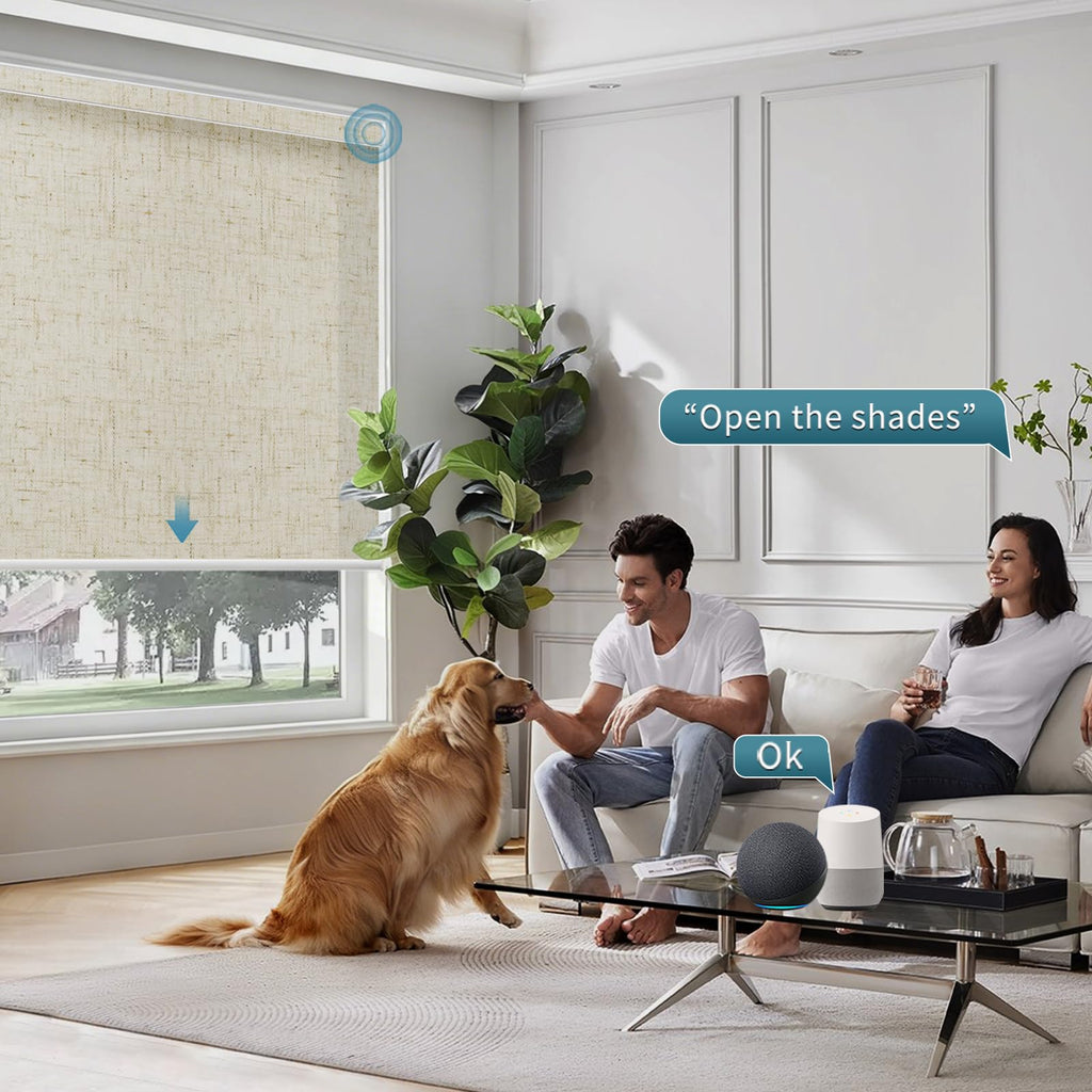 Motorized Roller Shades, Light Filtering Linen Sand