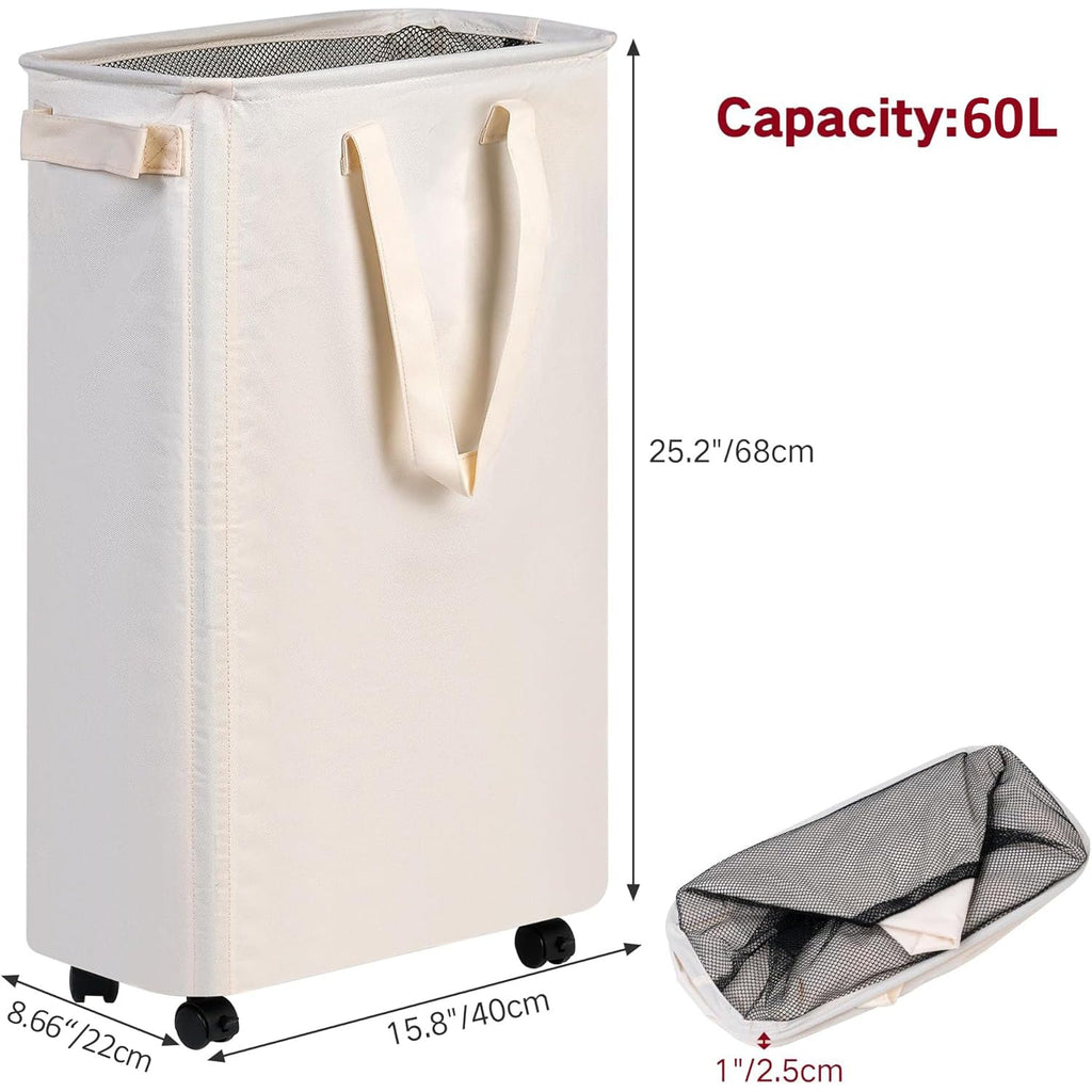 Slim Laundry Hamper with Wheels, Rolling Laundry Basket for Clothes, Small Laundry Basket and Laundry Room, 60L Beige