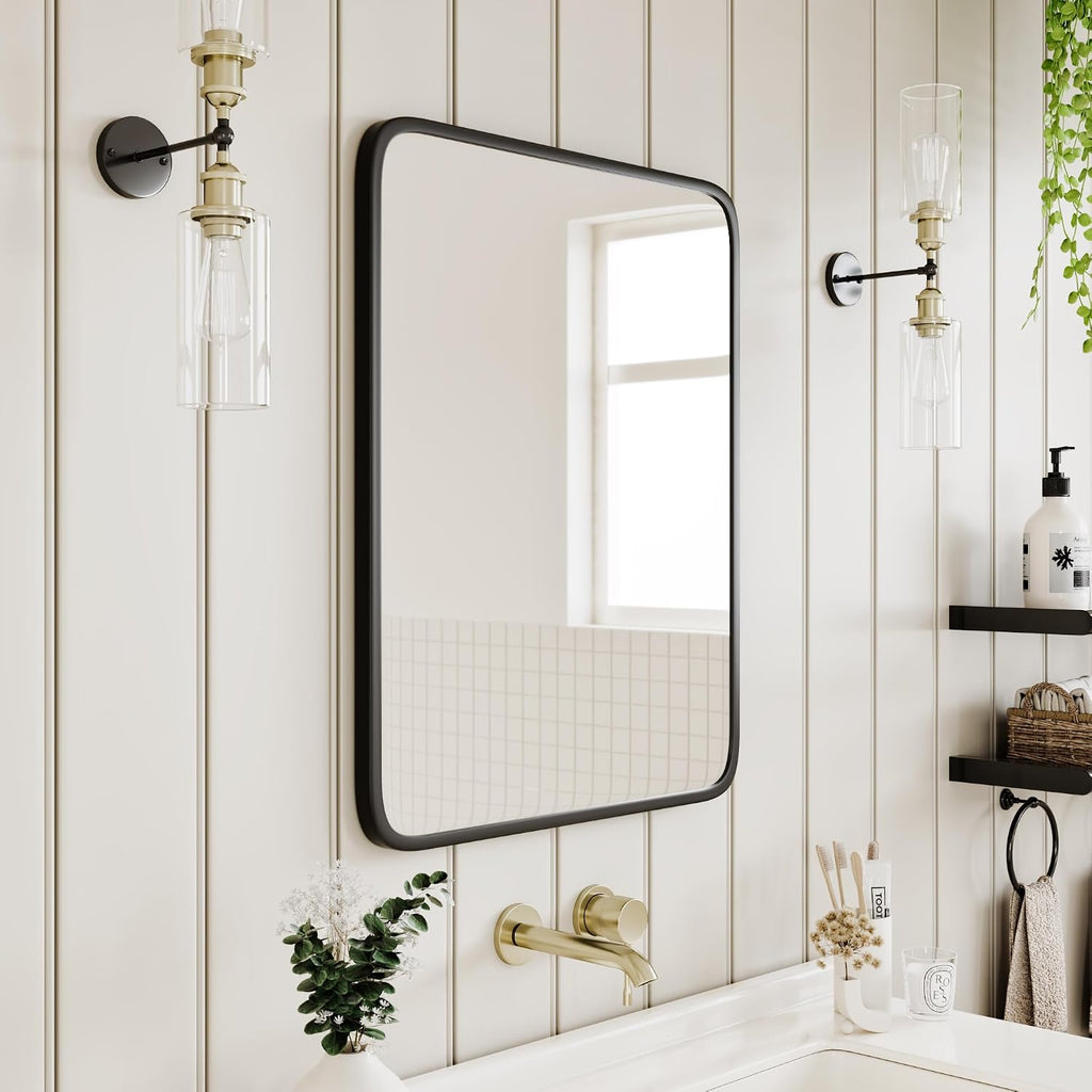 Medicine Cabinet with Black Metal Frame Mirror, Overall 16.5"x24" | Bathroom Wood Wall Cabinet with Mirror