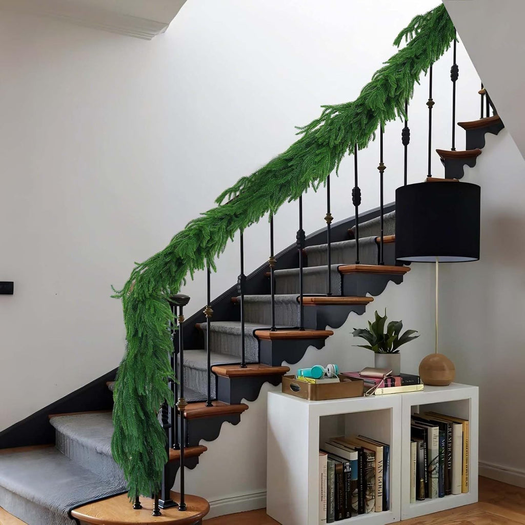 Extra Full: 15FT Christmas Norfolk Pine Garland, Greenery Real Touch Decorations for Mantle Table Staircase Fireplace