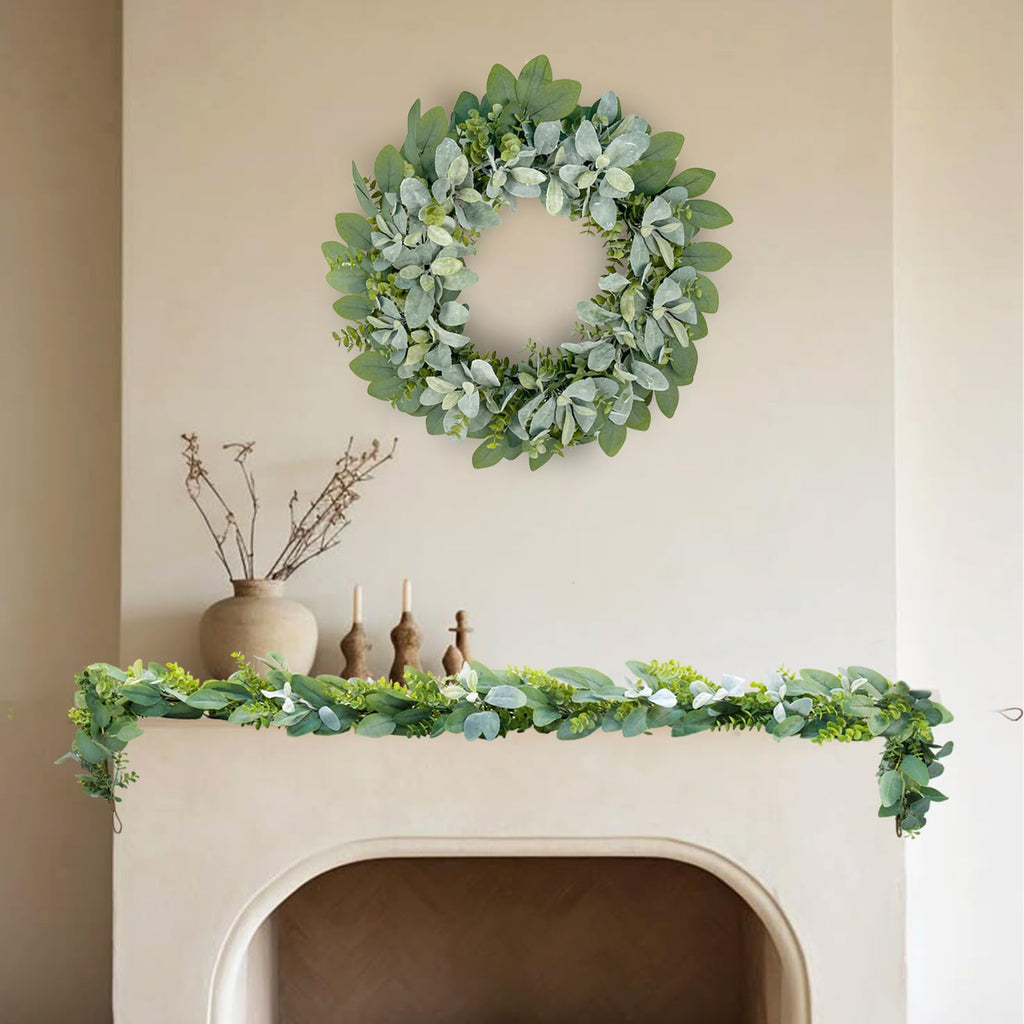 24 Inch Flocked Lambs Ear Wreath for Front Door Outside, All Season Winter Farmhouse Door Wreath, Cozy Rustic Wall &