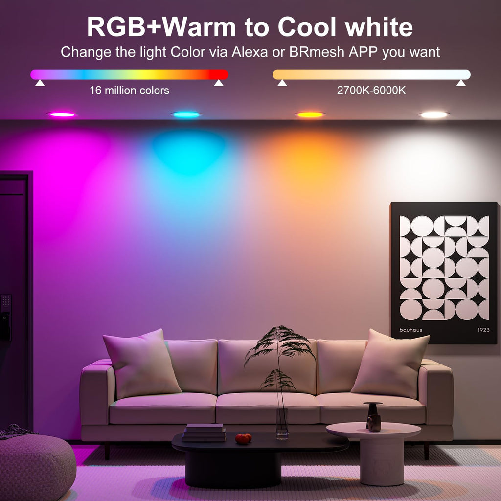 Smart Recessed Lighting 4 Inch RGBCW Color Changing 12W LED Recessed Ceiling Light with Junction Box,2700