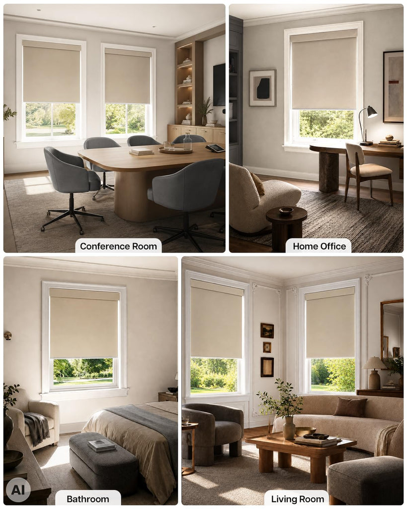 Motorized No Drill Blackout Roller Shades, Beige